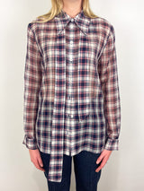 Silk Cotton Plaid Blouse with Removable Tie in Black/Red Multi