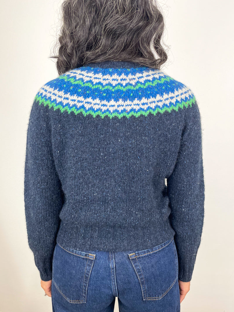 Marge Fair Isle Cardigan in Indigo Donegal Multi Hand Knit Cashmere