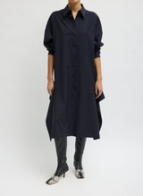 Tropical Wool Shirtdress with Side Drape in Navy