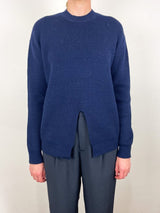 Cardigan Stitch Split Front Crewneck Easy Pullover in Dark Navy - The Shoe Hive