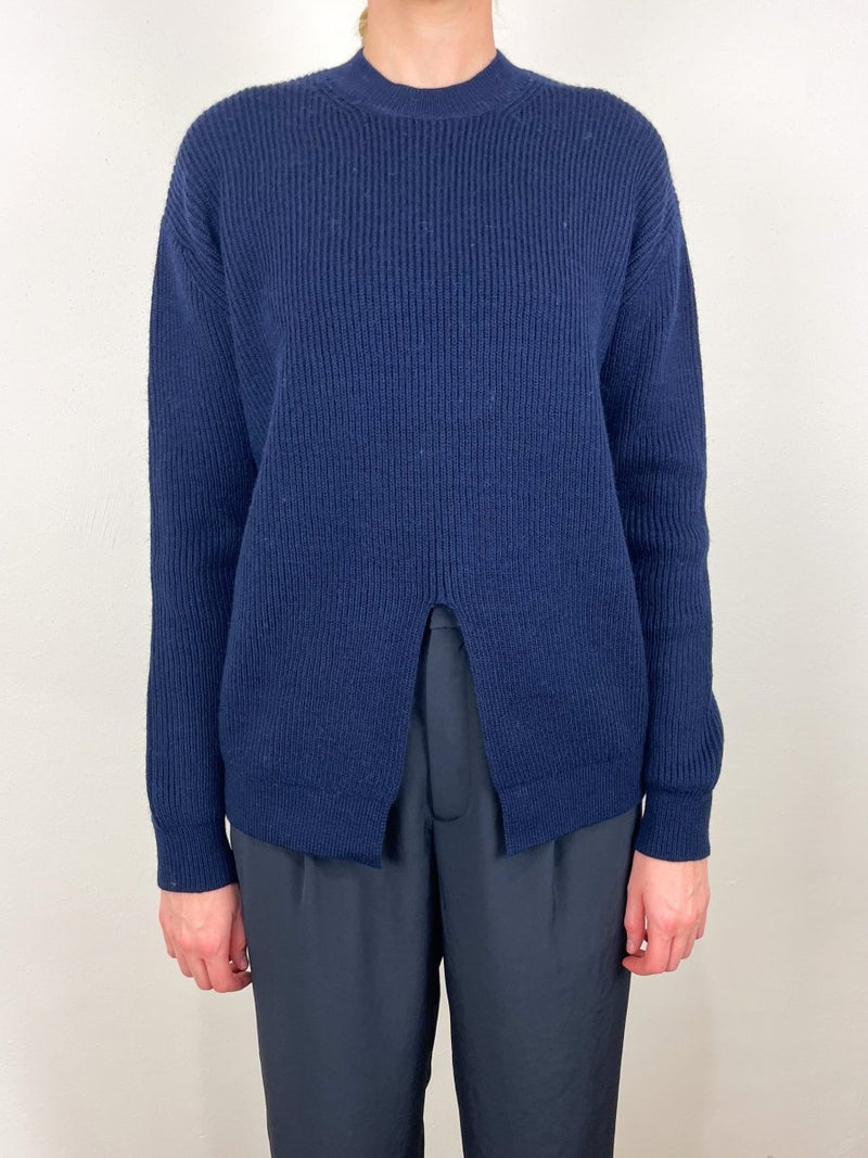 Cardigan Stitch Split Front Crewneck Easy Pullover in Dark Navy - The Shoe Hive