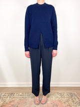 Cardigan Stitch Split Front Crewneck Easy Pullover in Dark Navy - The Shoe Hive