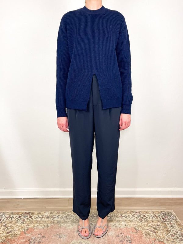 Cardigan Stitch Split Front Crewneck Easy Pullover in Dark Navy - The Shoe Hive