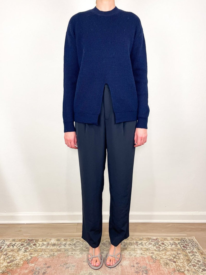 Cardigan Stitch Split Front Crewneck Easy Pullover in Dark Navy - The Shoe Hive