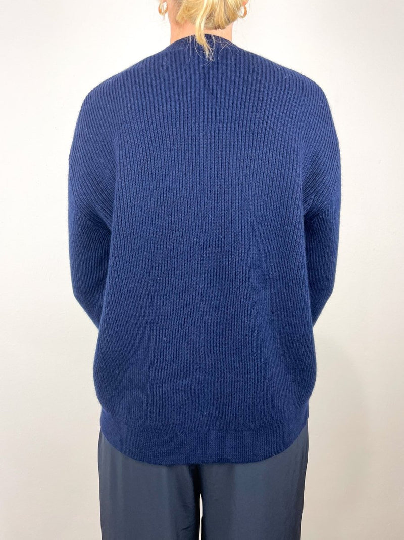 Cardigan Stitch Split Front Crewneck Easy Pullover in Dark Navy - The Shoe Hive