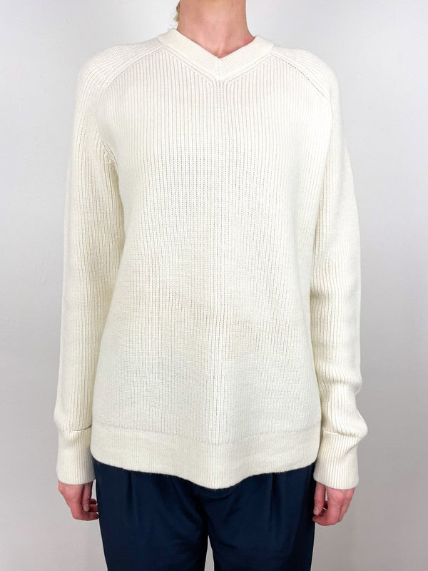 Cardigan Stitch V Neck Easy Pullover in Ivory - The Shoe Hive