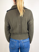 Contrast Collar Zip Cardigan in Olive
