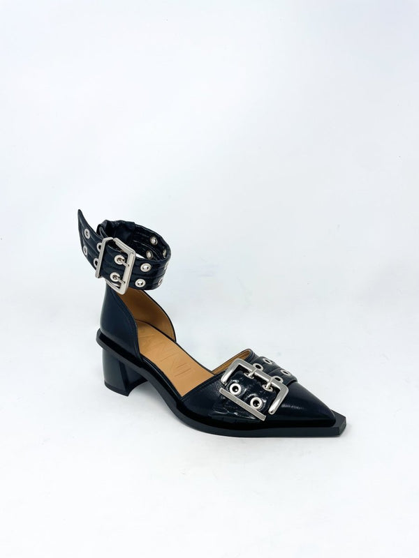 Chunky Buckle Open Cut Pump Naplack in Black - The Shoe Hive