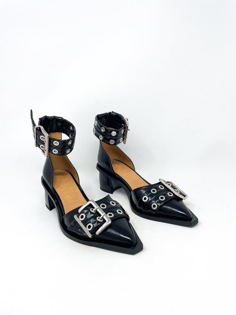GANNI Chunky Buckle Open Cut Pumps in Black | endource