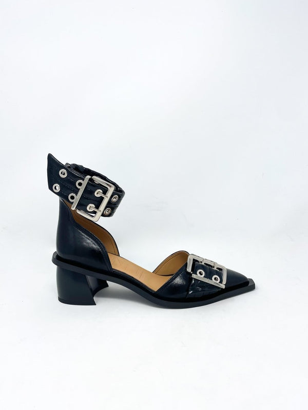 Chunky Buckle Open Cut Pump Naplack in Black - The Shoe Hive