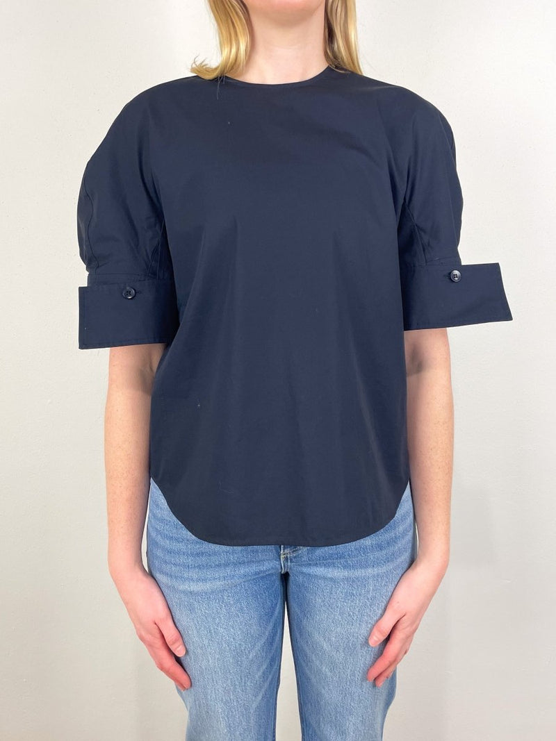 Compact Eco Poplin Reverse Sleeve Top in Navy exclusive at The