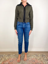 Contrast Collar Zip Cardigan in Olive - The Shoe Hive