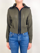 Contrast Collar Zip Cardigan in Olive - The Shoe Hive