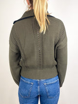 Contrast Collar Zip Cardigan in Olive - The Shoe Hive