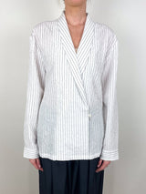 Crinkle Stripe Summer Suiting Shawl Collar Jacket in Ivory Multi - The Shoe Hive