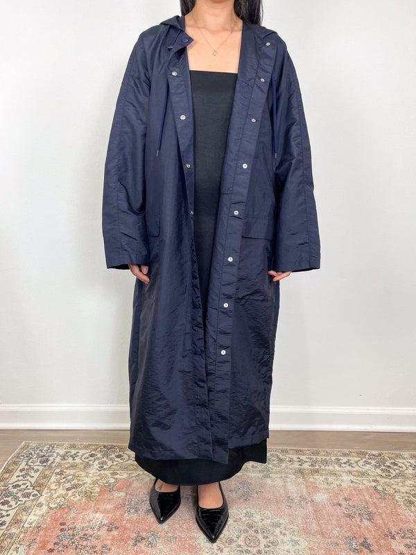 Crispy Nylon Hooded Coat in Navy - The Shoe Hive