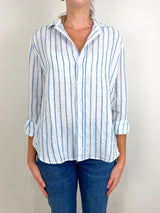 Eileen Relaxed Button-Up Shirt in White Turquoise Stripe