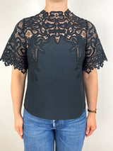 Delia Lace Sleeve Top in Noir - The Shoe Hive