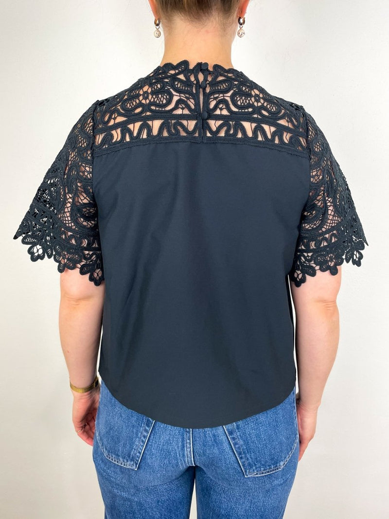 Delia Lace Sleeve Top in Noir - The Shoe Hive