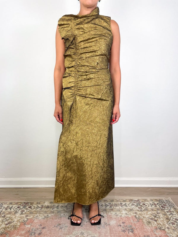 Demetria Sleeveless Ruched Front Midi Dress in Gold Leaf - The Shoe Hive