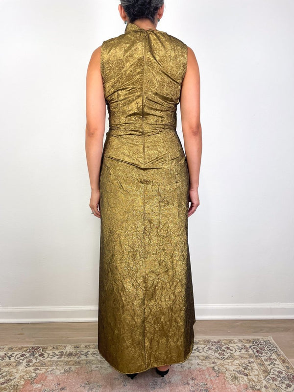 Demetria Sleeveless Ruched Front Midi Dress in Gold Leaf - The Shoe Hive