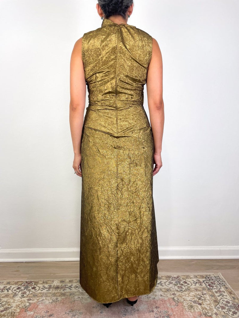 Demetria Sleeveless Ruched Front Midi Dress in Gold Leaf - The Shoe Hive