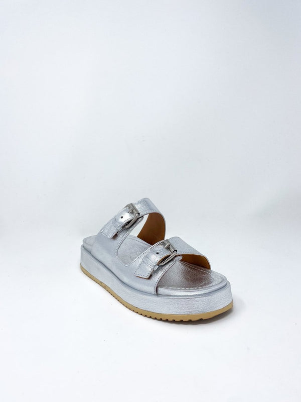 Double Buckle Platform Slide in Silver Leather - The Shoe Hive