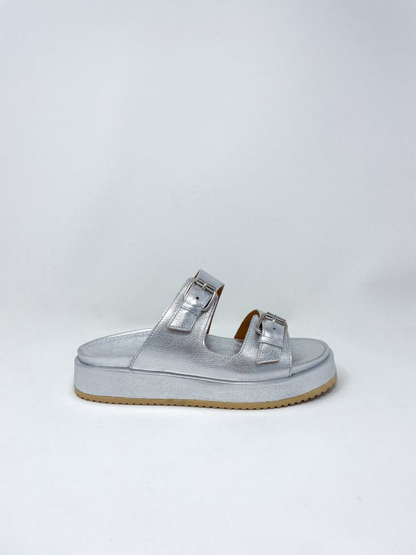 Double Buckle Platform Slide in Silver Leather - The Shoe Hive