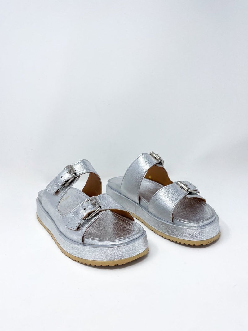 Double Buckle Platform Slide in Silver Leather - The Shoe Hive