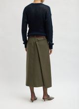 Cozy Flannel Midi Trouser Skirt with Side Drape in Army Green