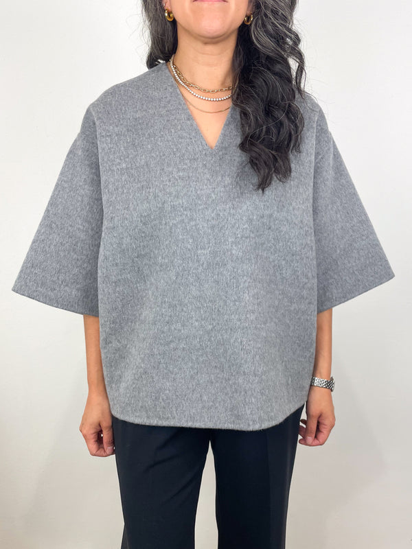 Luxe Double Faced Wool Angora V-Neck Top in Heather