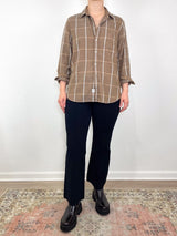 Eileen Relaxed Button Up Shirt in Camel Cream Windowpane - The Shoe Hive