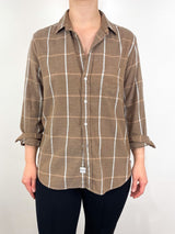 Eileen Relaxed Button Up Shirt in Camel Cream Windowpane - The Shoe Hive