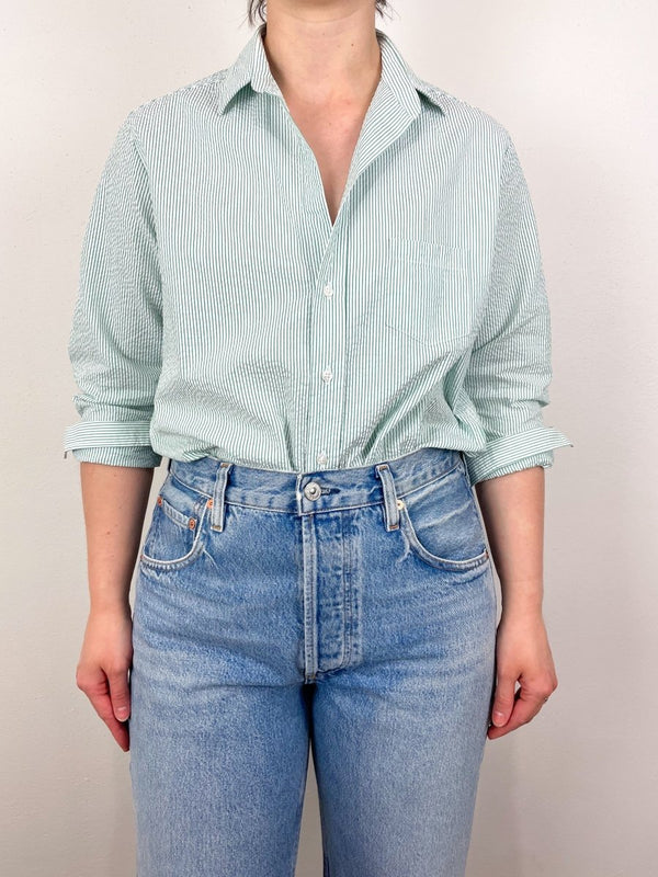 Eileen Relaxed Button Up Shirt in Green Stripe - The Shoe Hive
