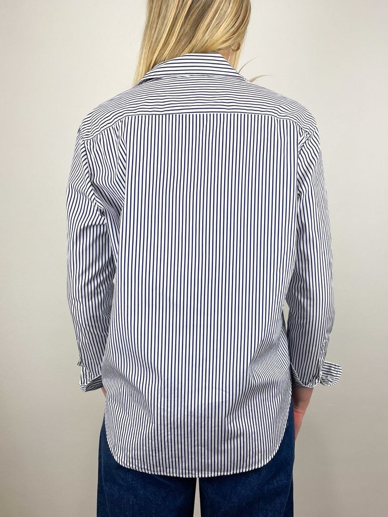 Eileen Relaxed Button Up Shirt in White Navy Stripe - The Shoe Hive
