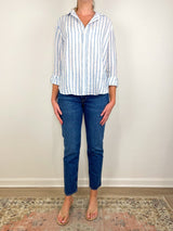 Eileen Relaxed Button-Up Shirt in White Turquoise Stripe - The Shoe Hive