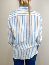 Eileen Relaxed Button-Up Shirt in White Turquoise Stripe - The Shoe Hive