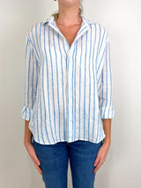 Eileen Relaxed Button-Up Shirt in White Turquoise Stripe - The Shoe Hive