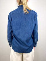 Eileen Ruffle Relaxed Button - Up Shirt in Vintage Dark Wash - The Shoe Hive