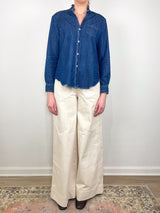 Eileen Ruffle Relaxed Button - Up Shirt in Vintage Dark Wash - The Shoe Hive