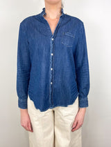 Eileen Ruffle Relaxed Button - Up Shirt in Vintage Dark Wash - The Shoe Hive