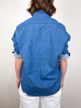 Eileen Ruffle Relaxed Button Up Shirt in Vintage Stonewashed Indigo - The Shoe Hive