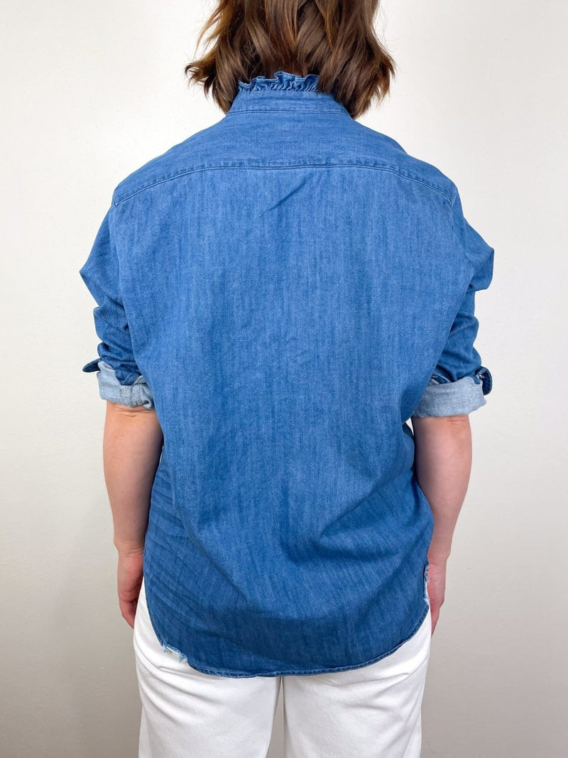 Eileen Ruffle Relaxed Button Up Shirt in Vintage Stonewashed Indigo - The Shoe Hive