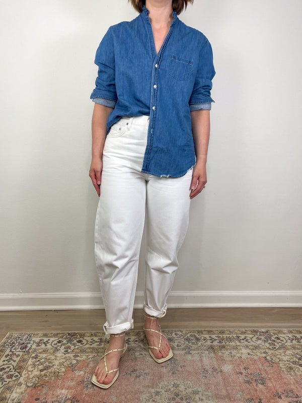 Eileen Ruffle Relaxed Button Up Shirt in Vintage Stonewashed Indigo - The Shoe Hive