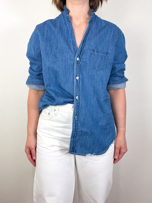 Eileen Ruffle Relaxed Button Up Shirt in Vintage Stonewashed Indigo - The Shoe Hive