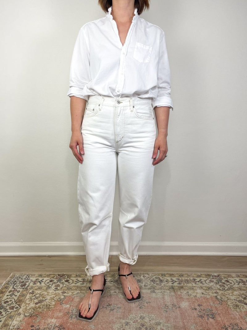 Eileen Ruffle Relaxed Button Up Shirt in White - The Shoe Hive