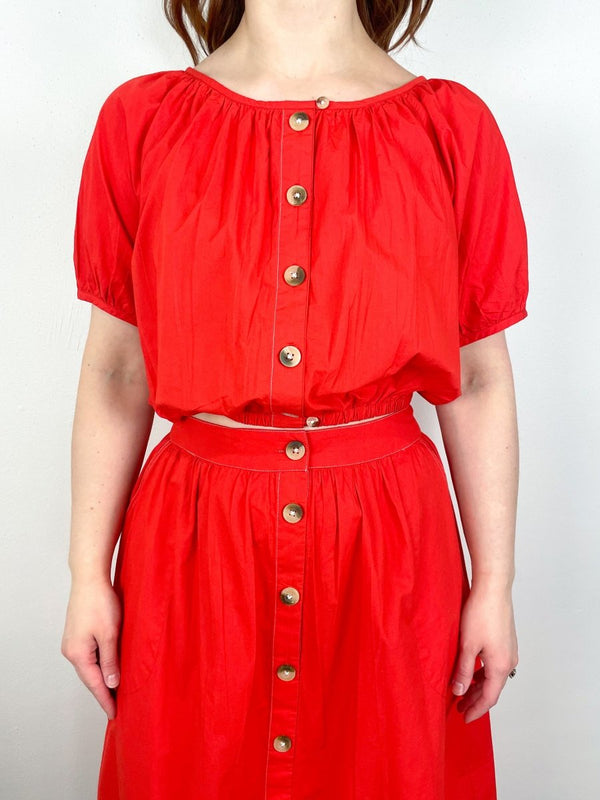 Elastic Hem Button Front Top in Poppy - The Shoe Hive