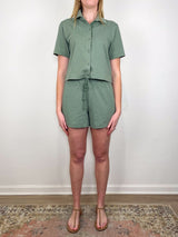 Elbow Sleeve Button Down Tee in Sage - The Shoe Hive