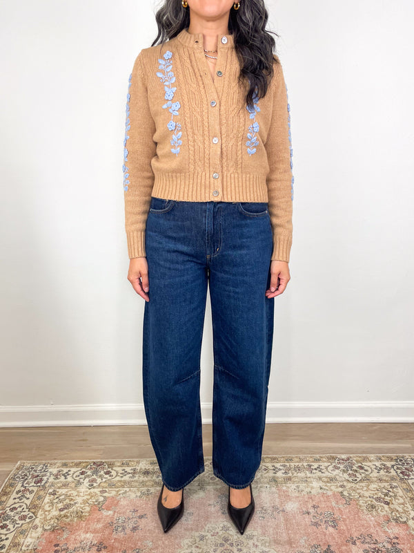 Ellen Cardigan in Camel/Misty Blue Cotton/Wool