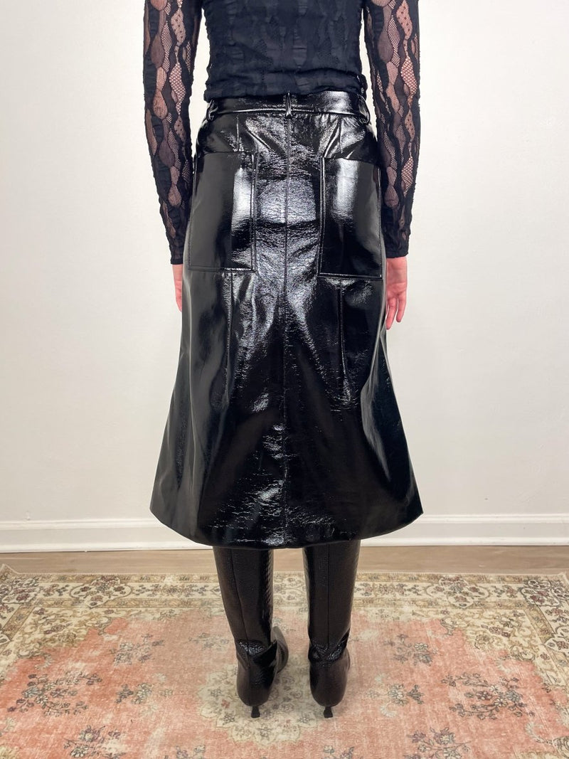 Faux Patent Leather Sculpted Silke Skirt in Black - The Shoe Hive